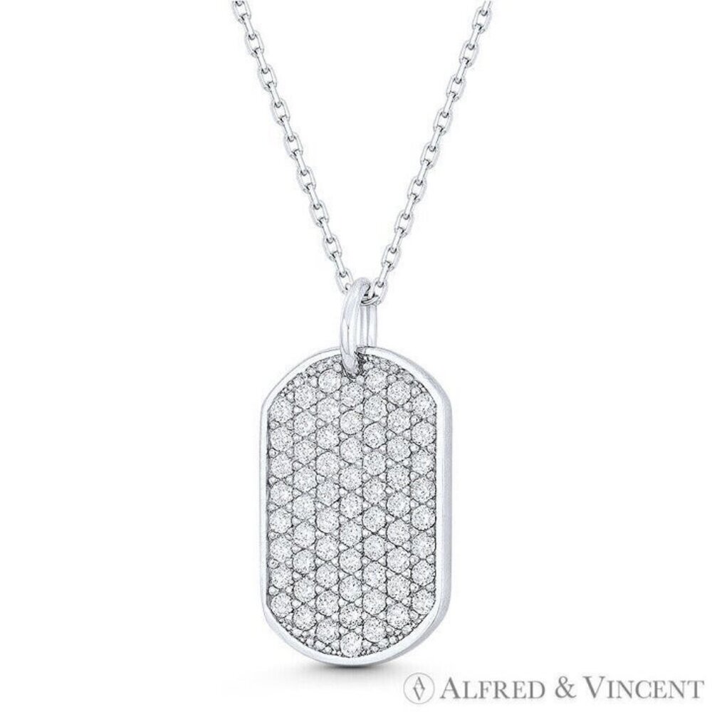 Unisex Dogtag Cubic Zirconia CZ Crystal Pave Pendant in .925 Sterling Silver